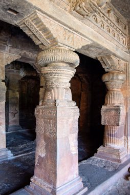 Ornate pillars at cave 1 in the Badami caves complex in Karnataka in India