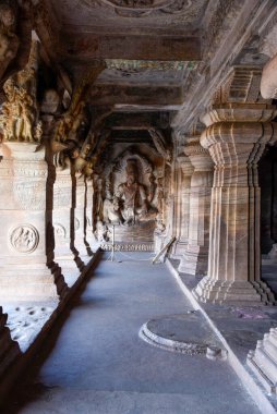 Cave 3 in Badami cave complex in Karnataka, India showing Maha Vishnu seated on Sheshanaga