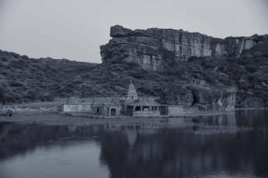 Sunset at the 5th to 7th century Bhutanatha Temples built in the dravidian style on the banks of the Agastya lake in Karnataka, India
