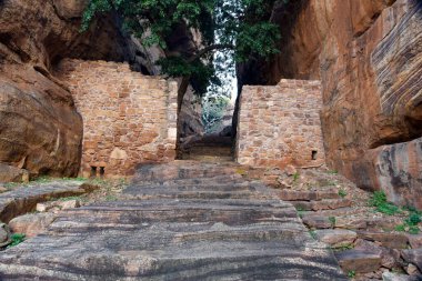 Steps leading to the top of Badami fort built by Chalukya king Pulakeshin I in Karnataka, India