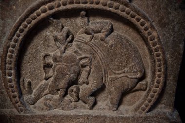 Intricately carved pillars of temple in Pattadakal built during the reign of the Chalukya dynasty. Pattadakal temples are a UNESCO World Heritage site.