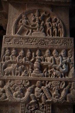 Intricately carved pillars of temple in Pattadakal built during the reign of the Chalukya dynasty. Pattadakal temples are a UNESCO World Heritage site.