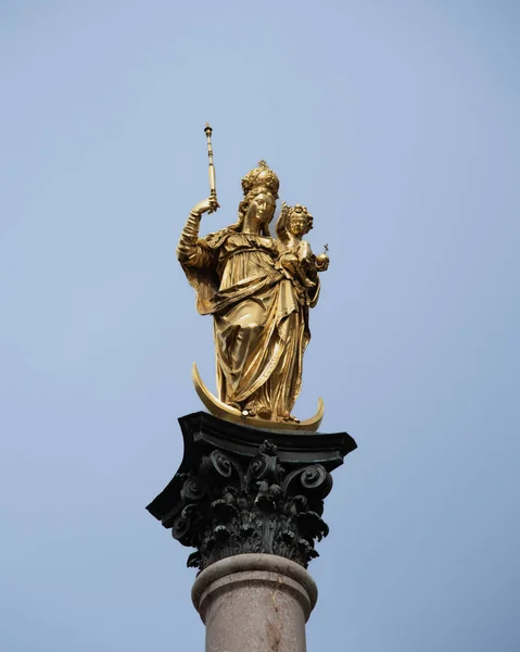 Golden Statue Mary Top Mariensaule Located Marienplatz Munich Germany Stock Photo