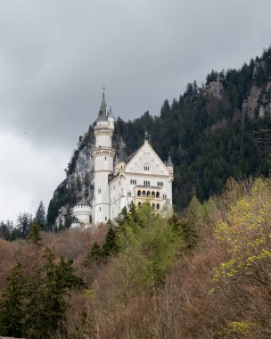 Dünyaca ünlü Neuschwanstein Şatosu 'nun güzel manzarası, Kral II. Ludwig için inşa edilen 19. yüzyıl Romanesk Diriliş Sarayı, Almanya' nın güneybatı Bavyera, Fussen yakınlarındaki manzaralı dağ manzarası