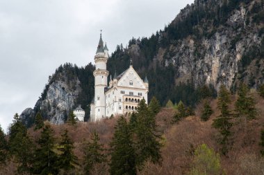 Dünyaca ünlü Neuschwanstein Şatosu 'nun güzel manzarası, Kral II. Ludwig için inşa edilen 19. yüzyıl Romanesk Diriliş Sarayı, Almanya' nın güneybatı Bavyera, Fussen yakınlarındaki manzaralı dağ manzarası