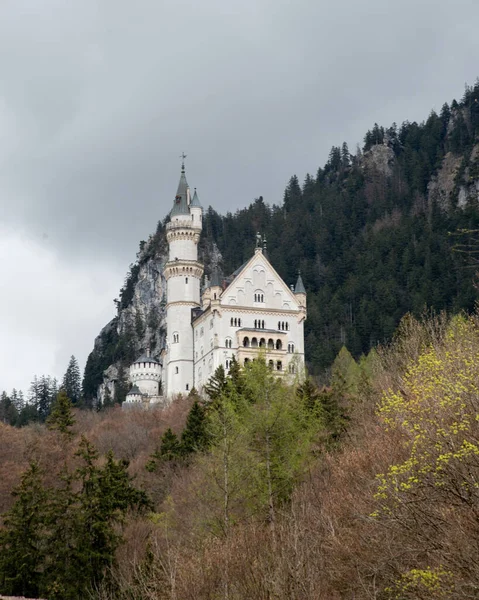 Dünyaca ünlü Neuschwanstein Şatosu 'nun güzel manzarası, Kral II. Ludwig için inşa edilen 19. yüzyıl Romanesk Diriliş Sarayı, Almanya' nın güneybatı Bavyera, Fussen yakınlarındaki manzaralı dağ manzarası