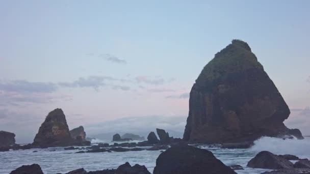 在印度尼西亚东爪哇的帕普马海滩 海浪冲撞岩石 — 图库视频影像