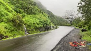 Hindistan, Maharashtra 'da muson yağmurları sırasında Konkan' da yol dışında şelalesi olan Kumbharli ghat boyunca güzel bir yol..