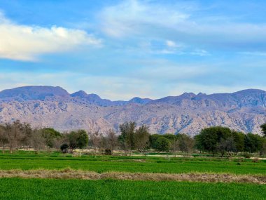 Gün batımında güzel bir akşam gökyüzü olan güzel bir kırsal bölge. Yeşil tarla ve köy