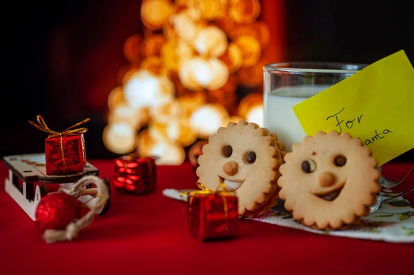 christmas decoration conceptual photo with a mug of milk and cookies for santa