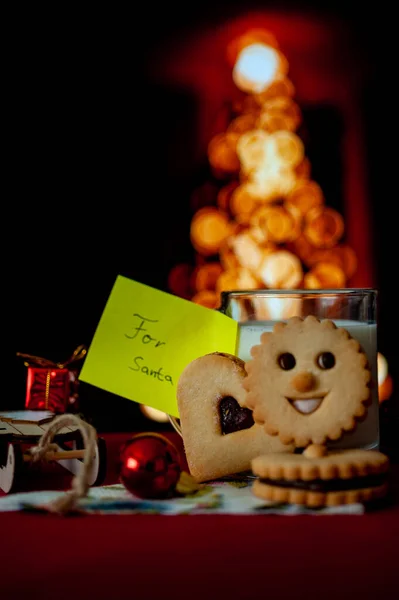 christmas decoration conceptual photo with a mug of milk and cookies for santa