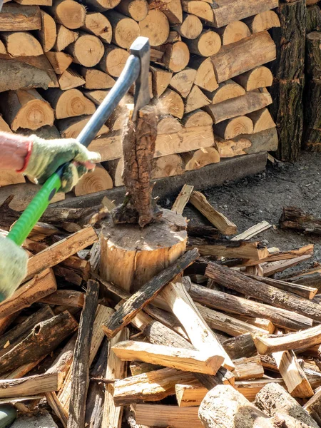 stock image Axe With Pile of Chopped Wood Nearby