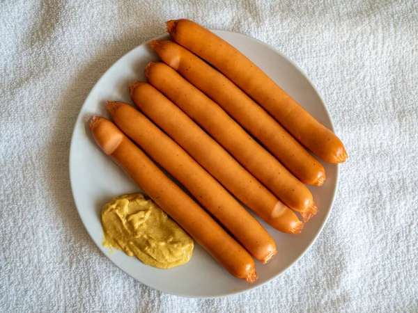 Boiled Sausages Served Mustard Plate — Stock Photo, Image