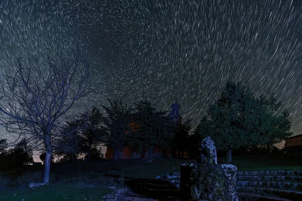 Circumpolar Night Star Trail Foreground Fountain Church Trees — Stock Photo, Image