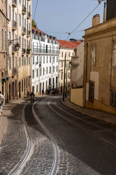 stock image Portugal Street with buildings and tramway rails