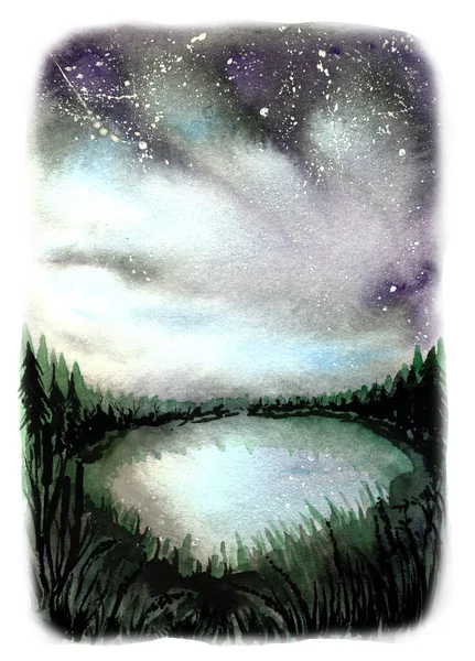 Lago Noturno Com Estrelas Reflexão Ilustração Aquarela — Fotografia de Stock