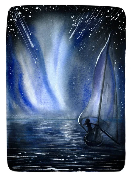 A sailboat with a girl floats on the sea at night against the backdrop of the night starry sky. Watercolor.