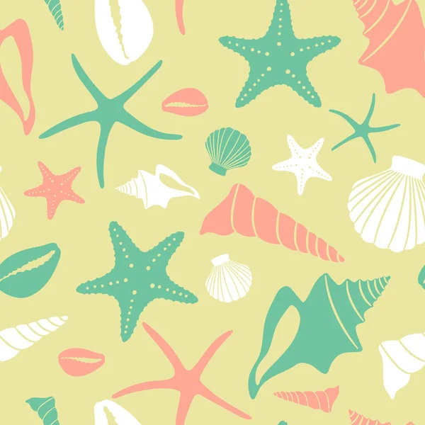 Boho Seamless Pattern Conch Shells Sea Stars White Background — Stock Vector