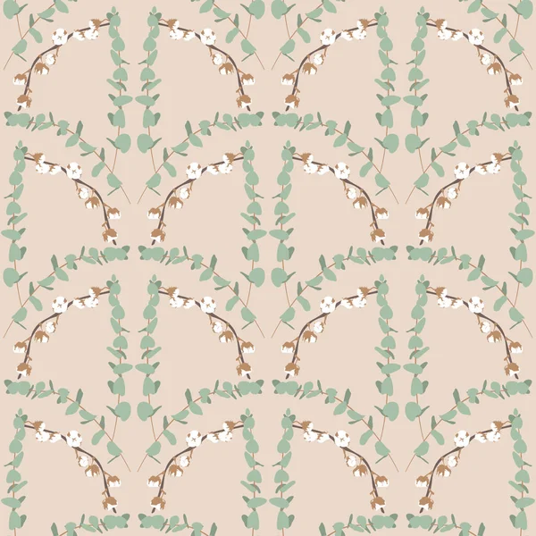Boho Motif Sans Couture Avec Eucalyptus Coton Sur Fond Beige — Image vectorielle