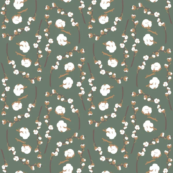 Boho Motif Sans Couture Avec Plante Coton Sur Fond Vert — Image vectorielle