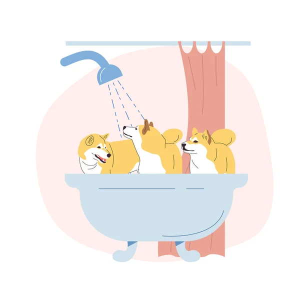 Σκυλιά Κάνουν Μπάνιο Στην Μπανιέρα Επίπεδη Διανυσματική Απεικόνιση — Διανυσματικό Αρχείο