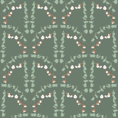 Yeşil arka planda okaliptüs ve pamuklu Boho pürüzsüz desen.