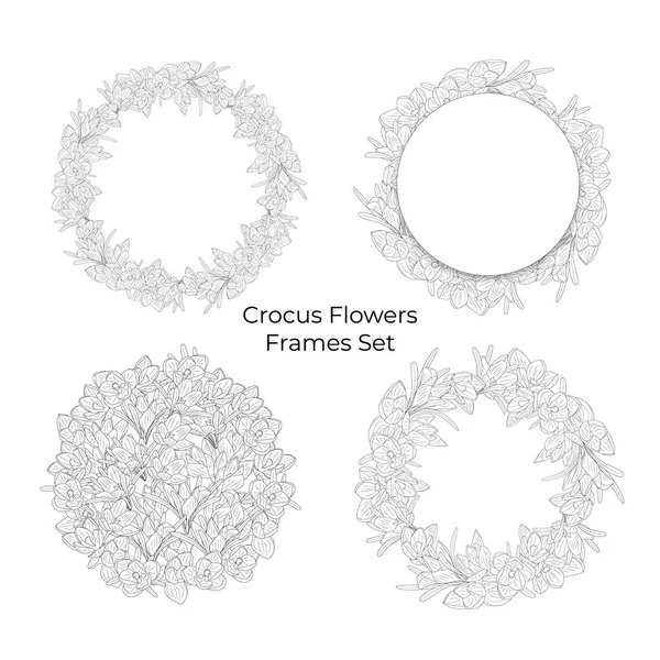 ロマンチックなモノクロームの手を描いたクロッカスの花の花輪を設定します 黒と白の花のフレーム ストックベクトルイラスト — ストックベクタ