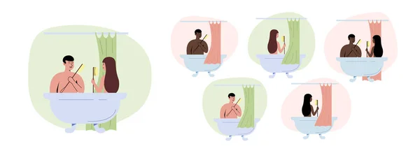 Conjunto Personas Bañando Escenas Hombres Mujeres Parejas Bañándose Ilustración Vectorial — Vector de stock