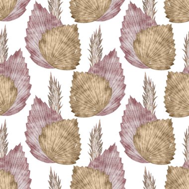 Suluboya, kuru palmiye yaprakları ve otlarla kusursuz desen. Boho çiçek desenleri