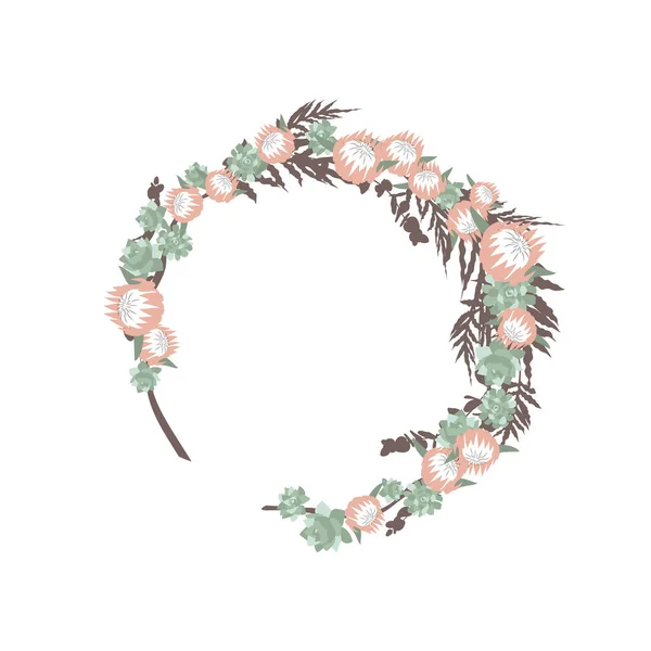 お茶のピンクの花で手描きの丸い花輪 平面ベクトル図 — ストックベクタ