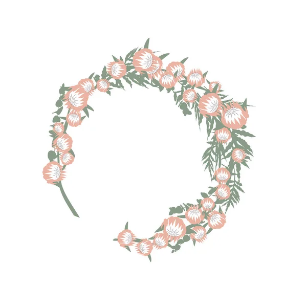 Рука Нарисована Круглый Венок Protea Розовые Цветы Плоская Векторная Иллюстрация — стоковый вектор