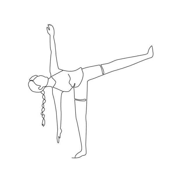 Disegno Linea Singola Una Ragazza Piedi Una Posa Yoga Doodle — Vettoriale Stock
