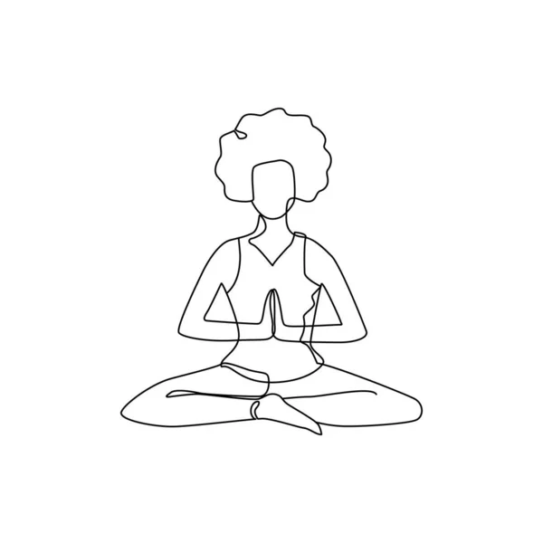 一个女孩坐在瑜伽姿势上的单行画 放松锻炼的点点滴滴 — 图库矢量图片