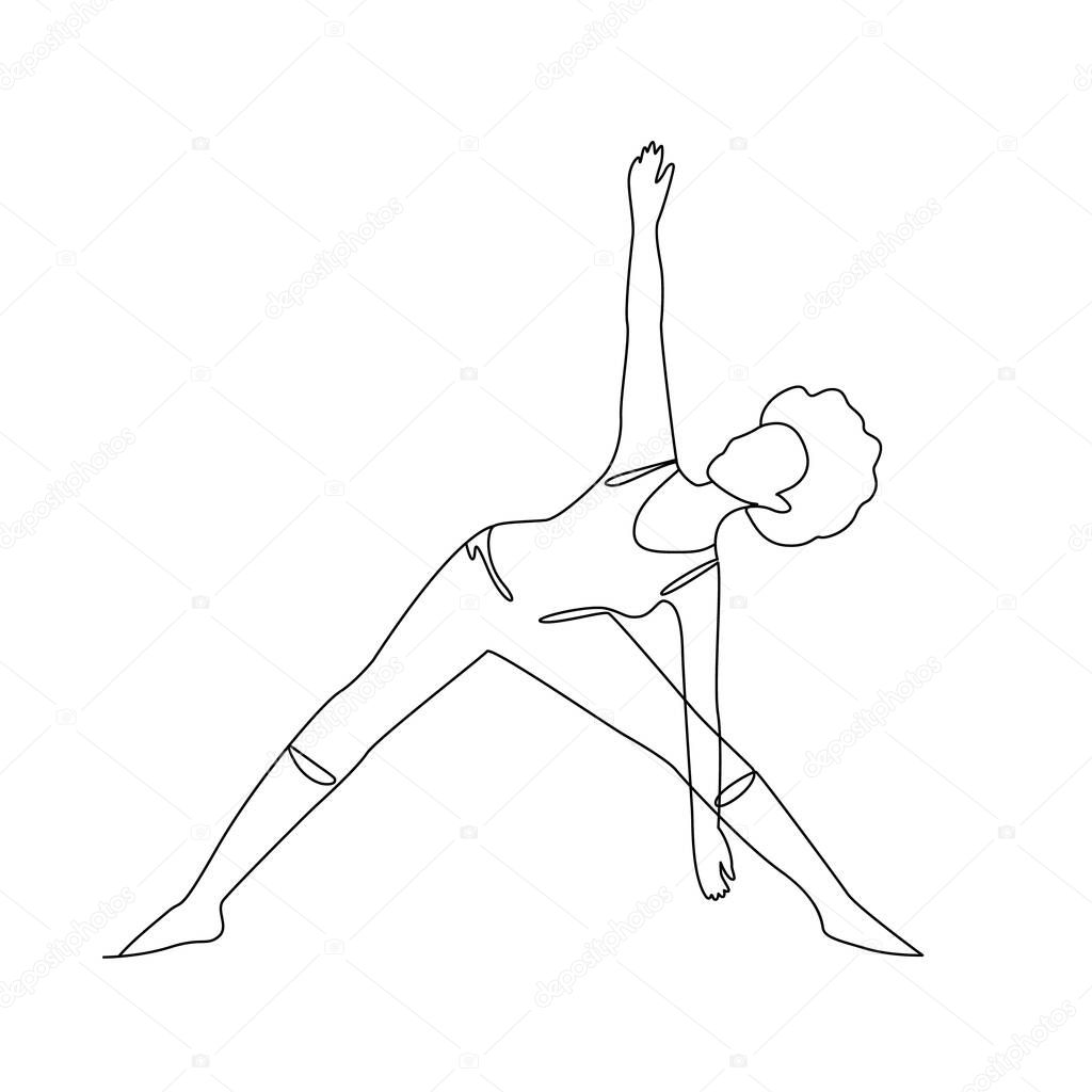 Single line drawing of a girl standing in a yoga pose. Doodle illustration of relaxing workout.