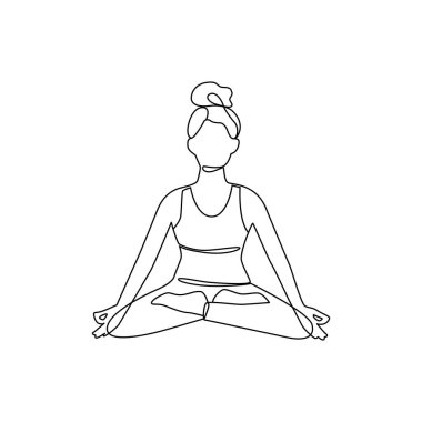 Yoga pozu veren bir kızın tek sıra çizimi. Rahatlatıcı egzersizin karalama çizimi.