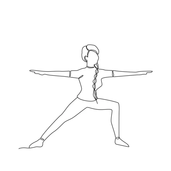 Garis Tunggal Gambar Seorang Gadis Berdiri Dalam Pose Yoga Ilustrasi - Stok Vektor