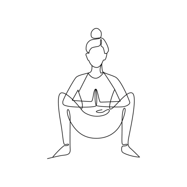 ヨガのポーズに座っている少女の1本の線画 リラックスしたワークアウトの落書きイラスト — ストックベクタ