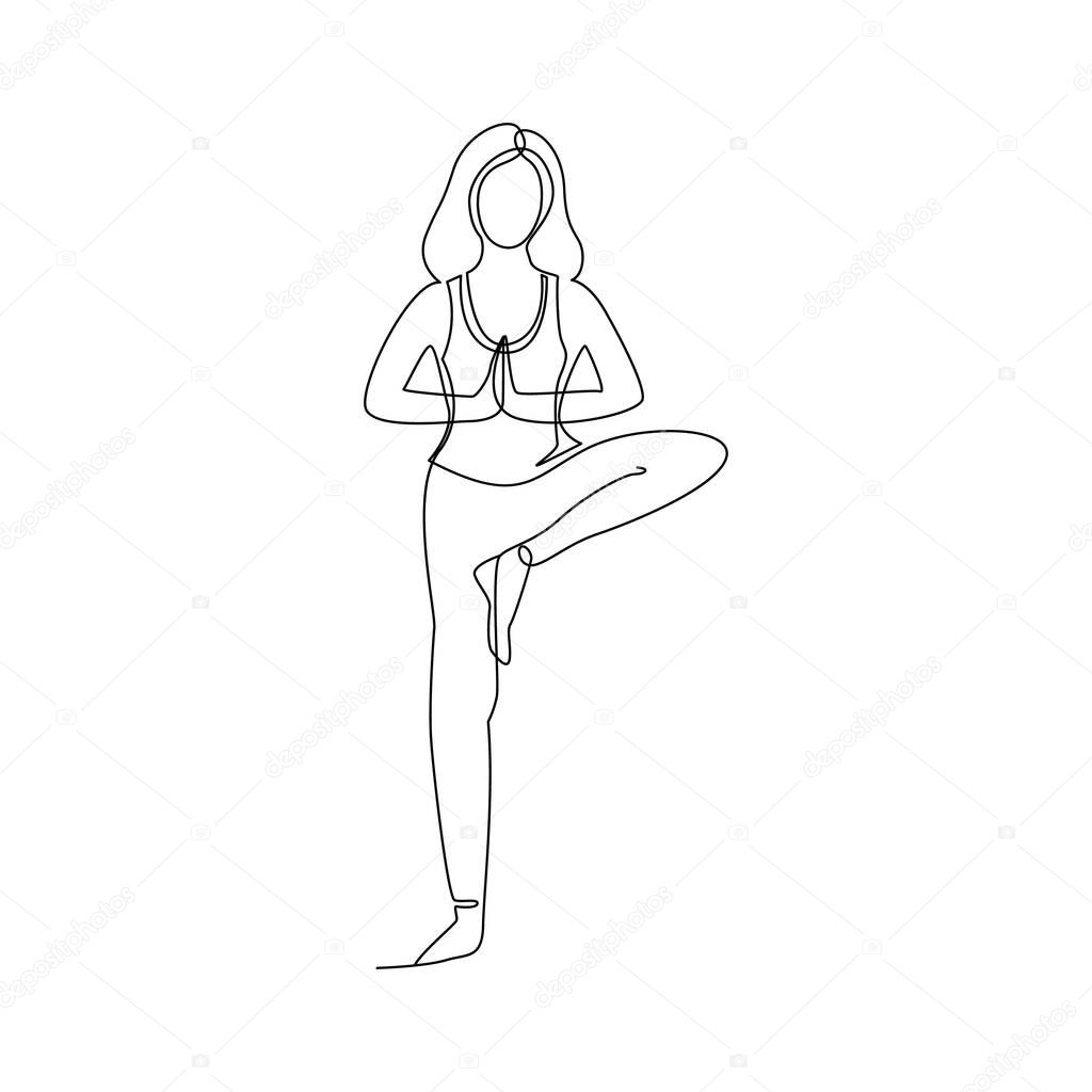 Single line drawing of a girl standing in a yoga pose. Doodle illustration of relaxing workout.