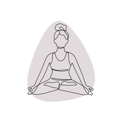 Yoga pozu vermiş, soyut bir geçmişi olan bir kızın tek çizgi çizimi. Rahatlatıcı egzersizin karalama çizimi.