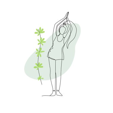 Yoga pozu veren bir kızın tek çizgi çizimi, soyut şekil arka planı ve yeşil bitki. Rahatlatıcı egzersizin karalama çizimi.