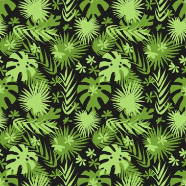 Seamless pattern with green tropical palm leaves on black background. Exotic foliage wallpaper.