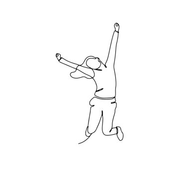 Zıplayan kadının tek çizgi çizimi. Beyaz arkaplana doğrusal el çizimi