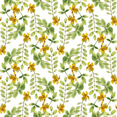 Suluboya yaprakları ve sarı çiçek deseni, beyaz arkaplanda çiçek deseni
