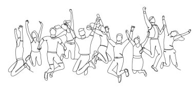 Single line drawing of jumping people, men and women. Linear hand drawn doodle on white background