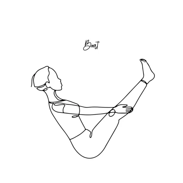 Single Line Drawing Girl Boat Yoga Pose Name Text Linear — Vettoriale Stock