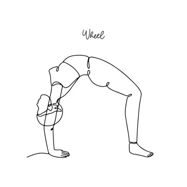 Disegno Linea Singola Una Ragazza Posa Ruota Yoga Con Nome — Vettoriale Stock