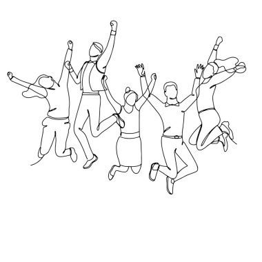 Single line drawing of jumping people, men and women. Linear hand drawn doodle on white background