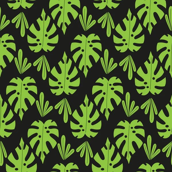 Безшовний Візерунок Зеленим Тропічним Листям Долоні Чорному Тлі Екзотичні Шпалери — стоковий вектор