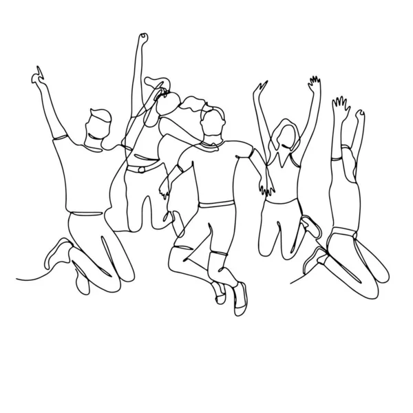 Single Line Drawing Jumping People Men Women Linear Hand Drawn — 图库矢量图片