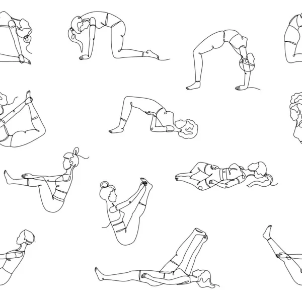 Yoga Pozlarının Tek Çizgi Çizimleriyle Kusursuz Desen Doğrusal Beyaz Arkaplana — Stok Vektör
